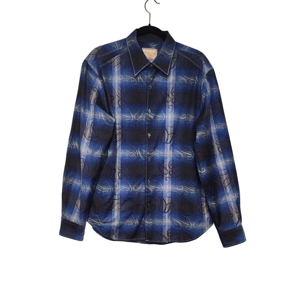 Vintage Italia Blue Paisley Floral Button-Down Shirt Size Large